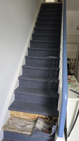 Alte Holztreppe mit Teppich Vorher